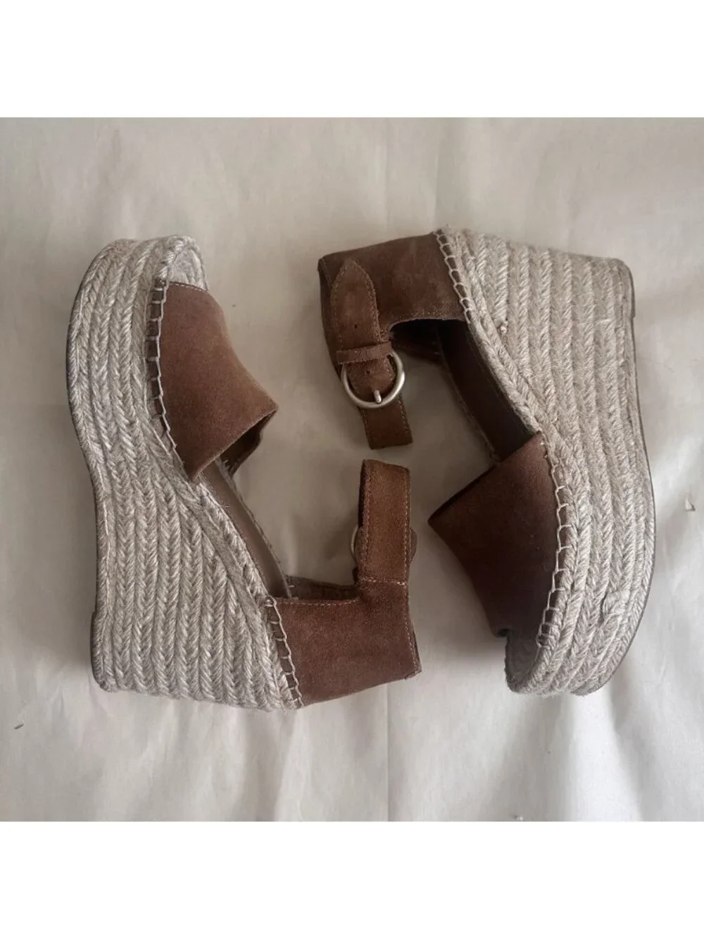 Marc Fisher Espadrille Wedge Women 9 Brown Platform Ankle Strap Leather Sandal
